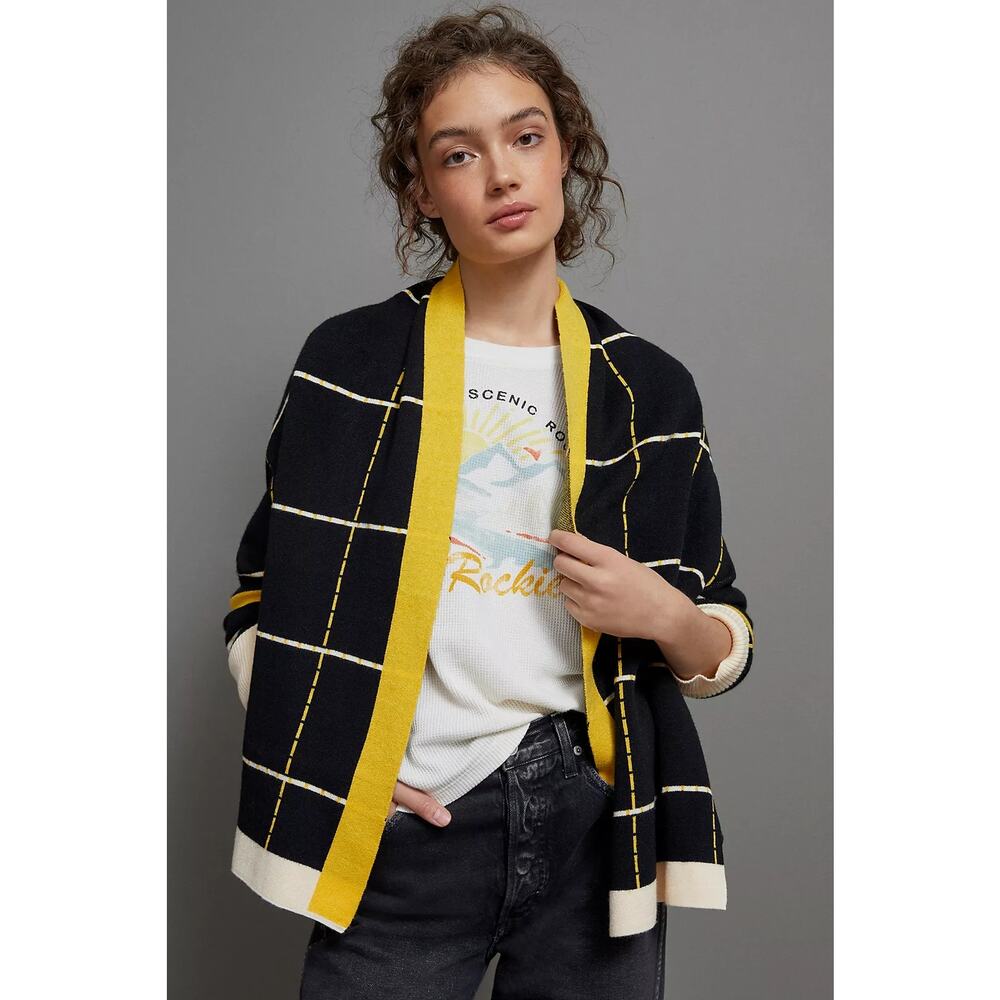 Anthropologie Black Grid Cardigan with Yellow Trim